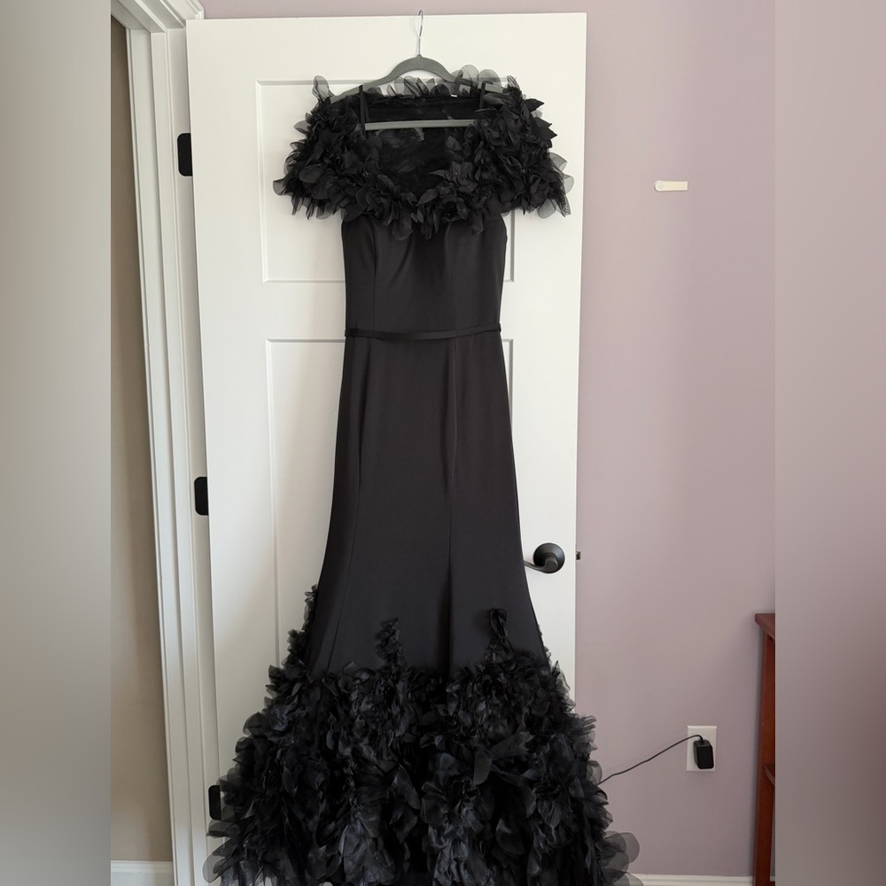 Elegant Strapless Black Gown with Ruffle Details